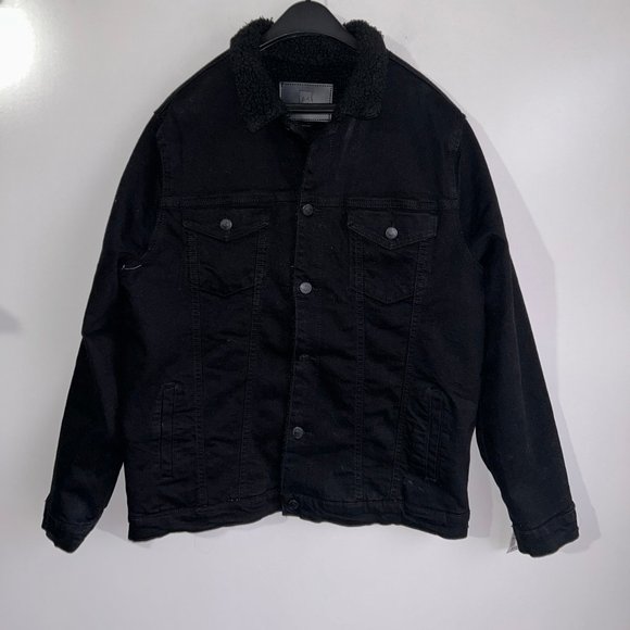 NWT MICHAEL STRAHAN Collection Black Sherpa Lined Jean Jacket Size Large - Picture 1 of 7